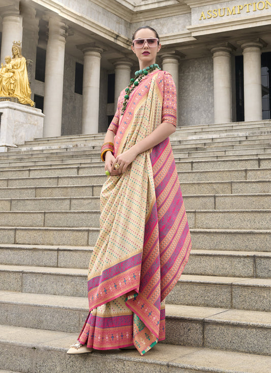 Cream Banarasi Silk Woven Saree