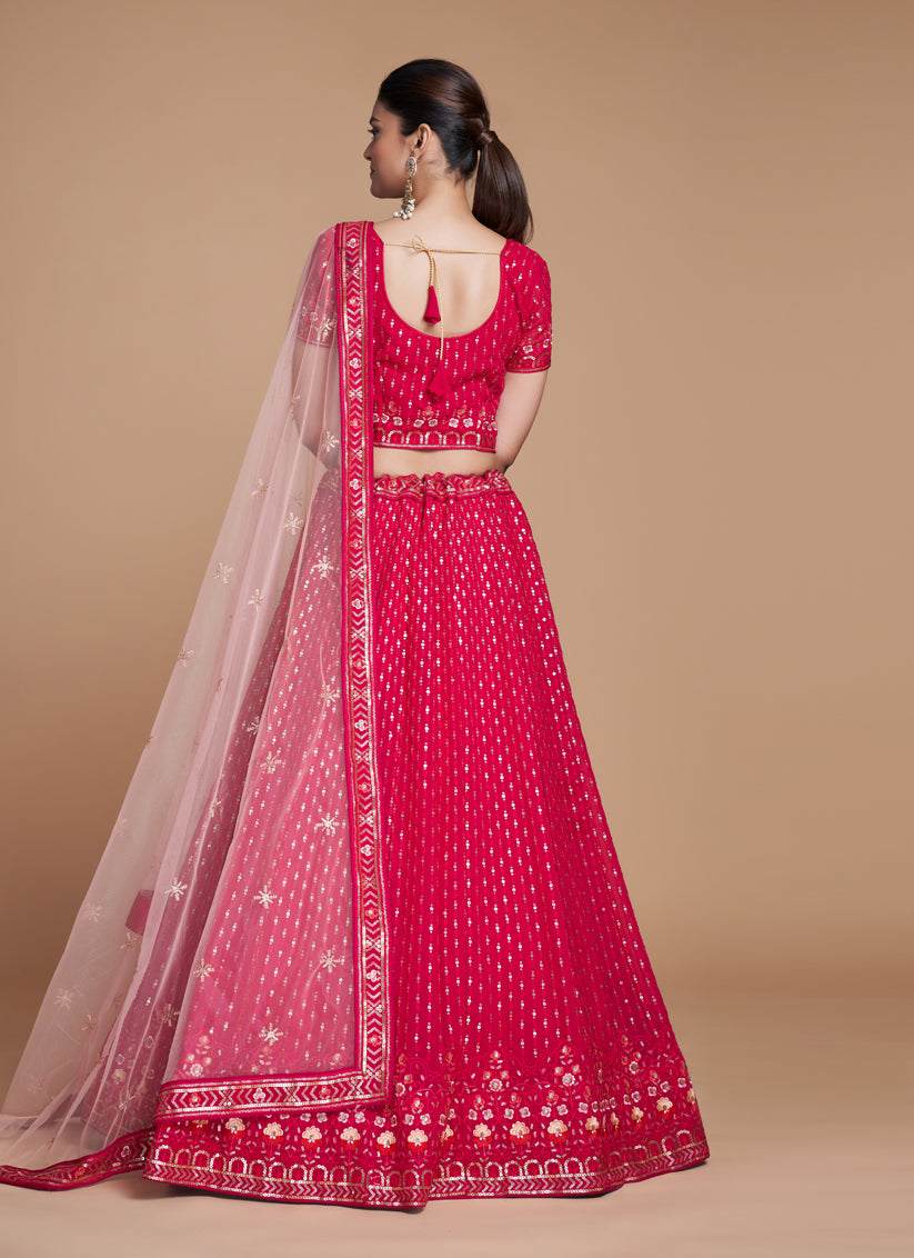 Strawberry Georgette Embroidered Lehenga Choli