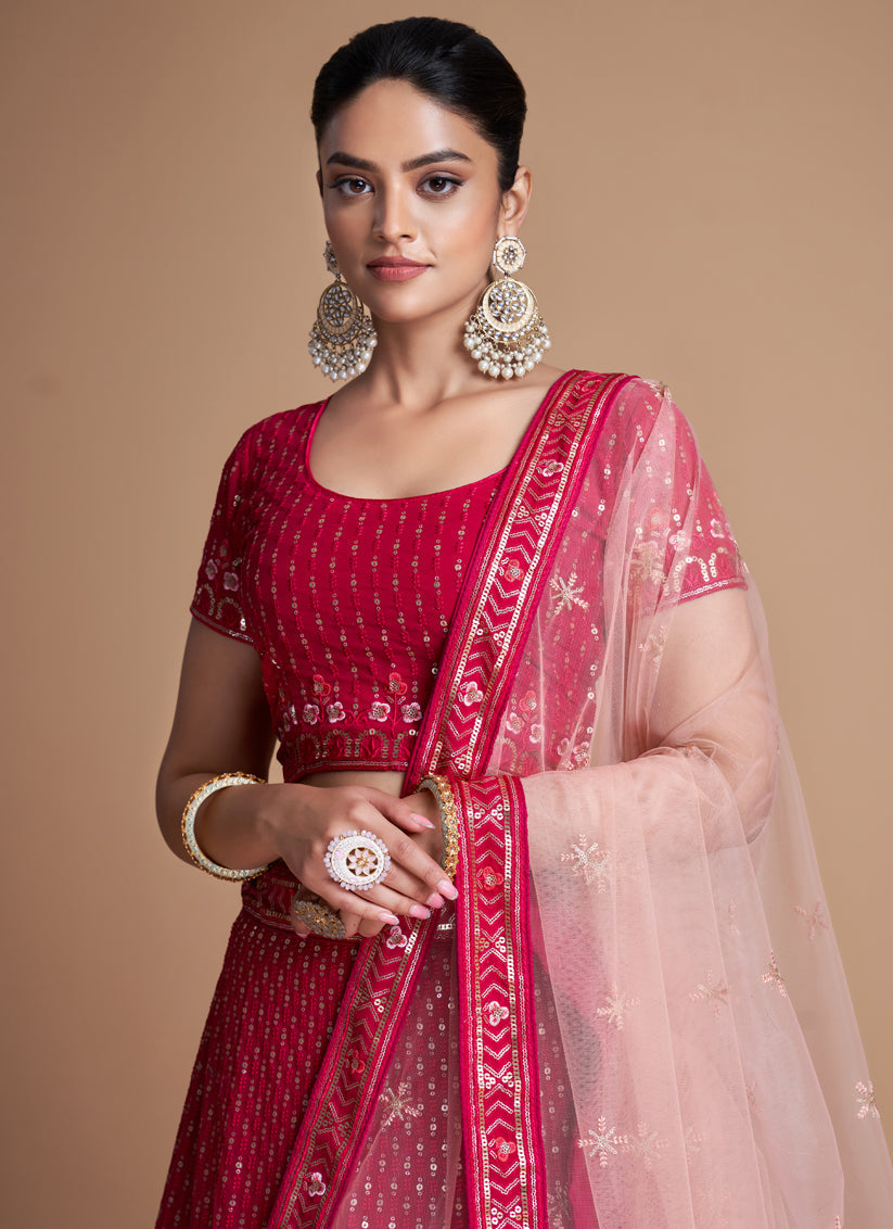 Strawberry Georgette Embroidered Lehenga Choli