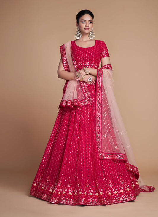 Strawberry Georgette Embroidered Lehenga Choli