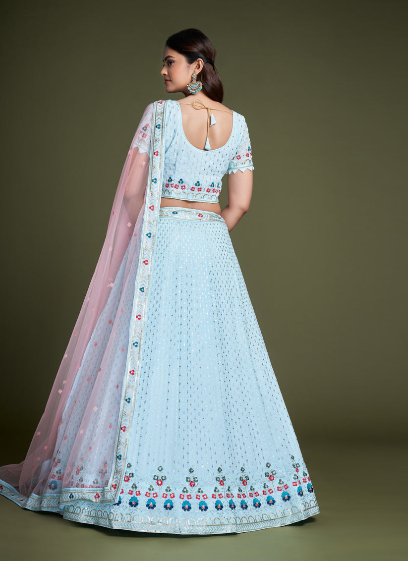 Powder Blue Georgette Embroidered Lehenga Choli