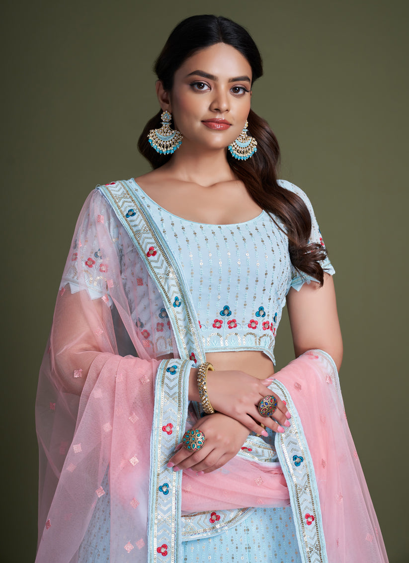Powder Blue Georgette Embroidered Lehenga Choli