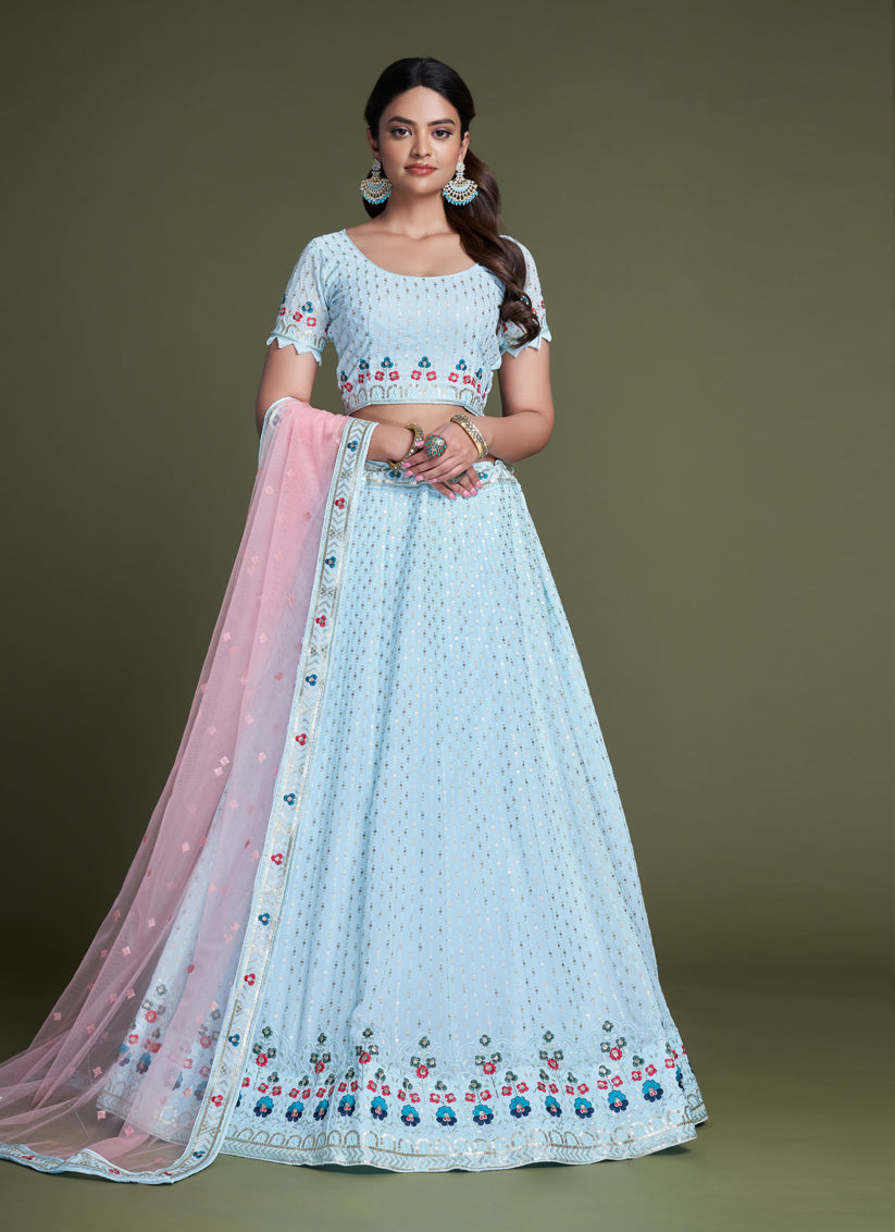 Powder Blue Georgette Embroidered Lehenga Choli