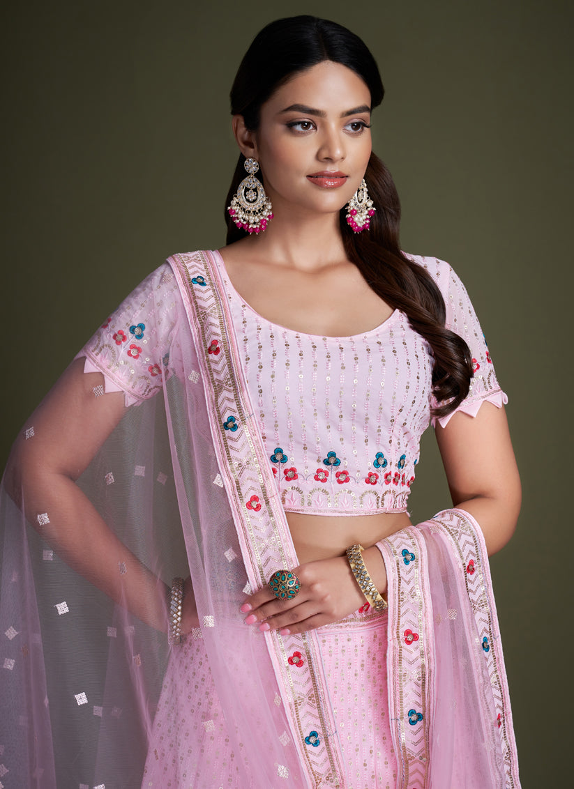 Baby Pink Georgette Embroidered Lehenga Choli