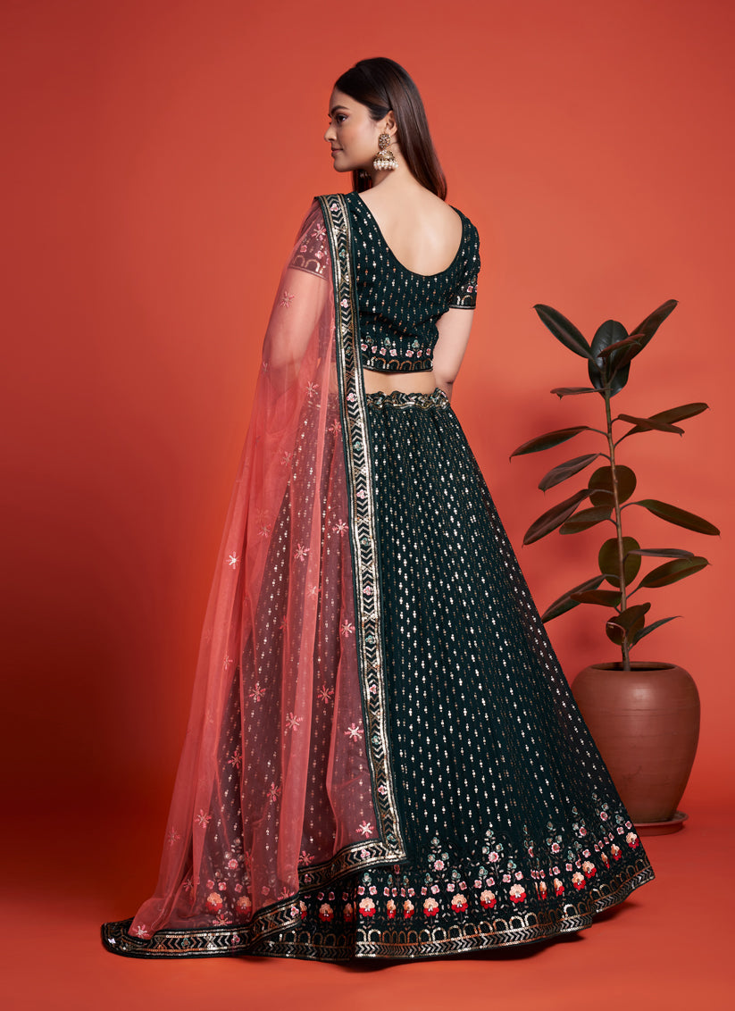 Pine Green Georgette Embroidered Lehenga Choli
