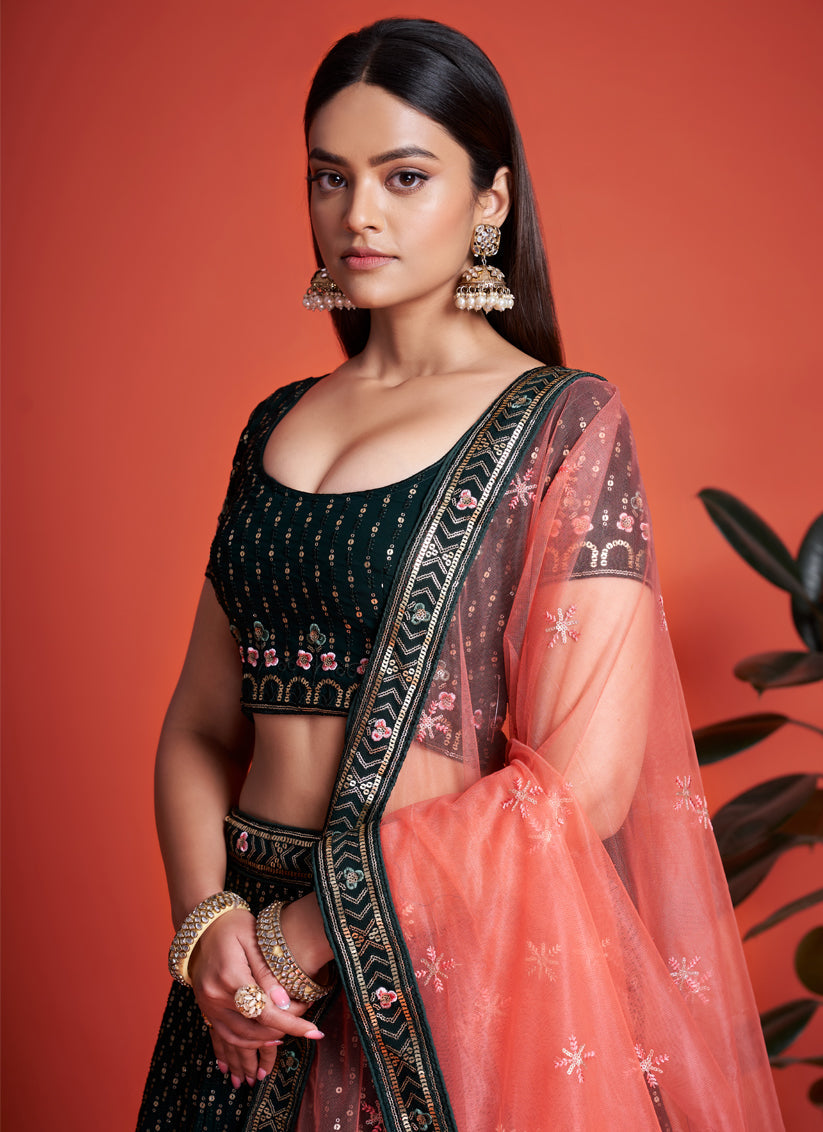 Pine Green Georgette Embroidered Lehenga Choli