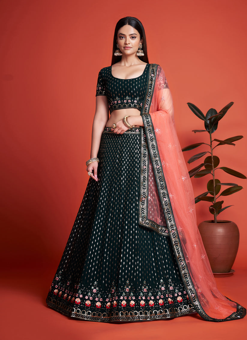 Pine Green Georgette Embroidered Lehenga Choli