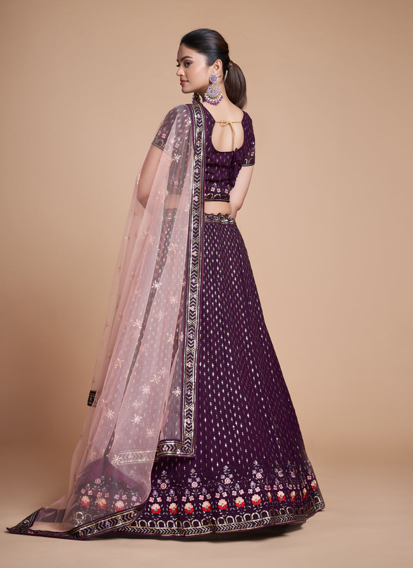 Wine Georgette Embroidered Lehenga Choli