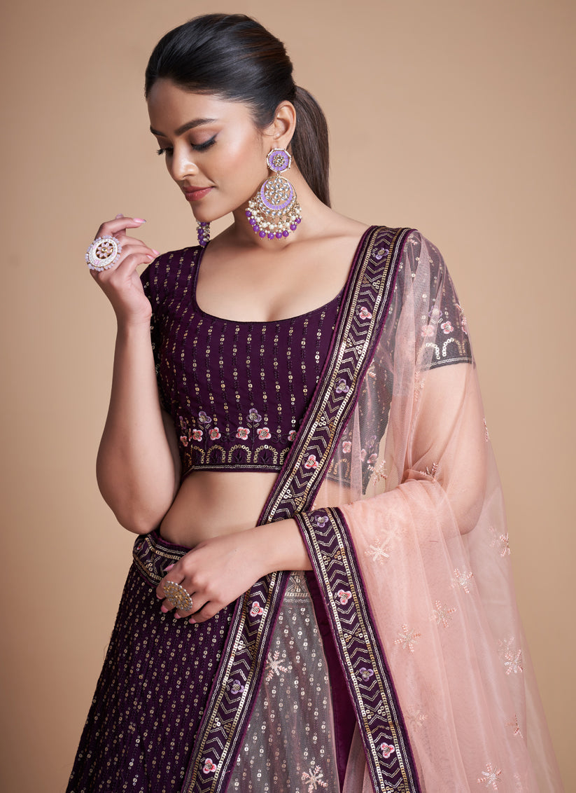 Wine Georgette Embroidered Lehenga Choli