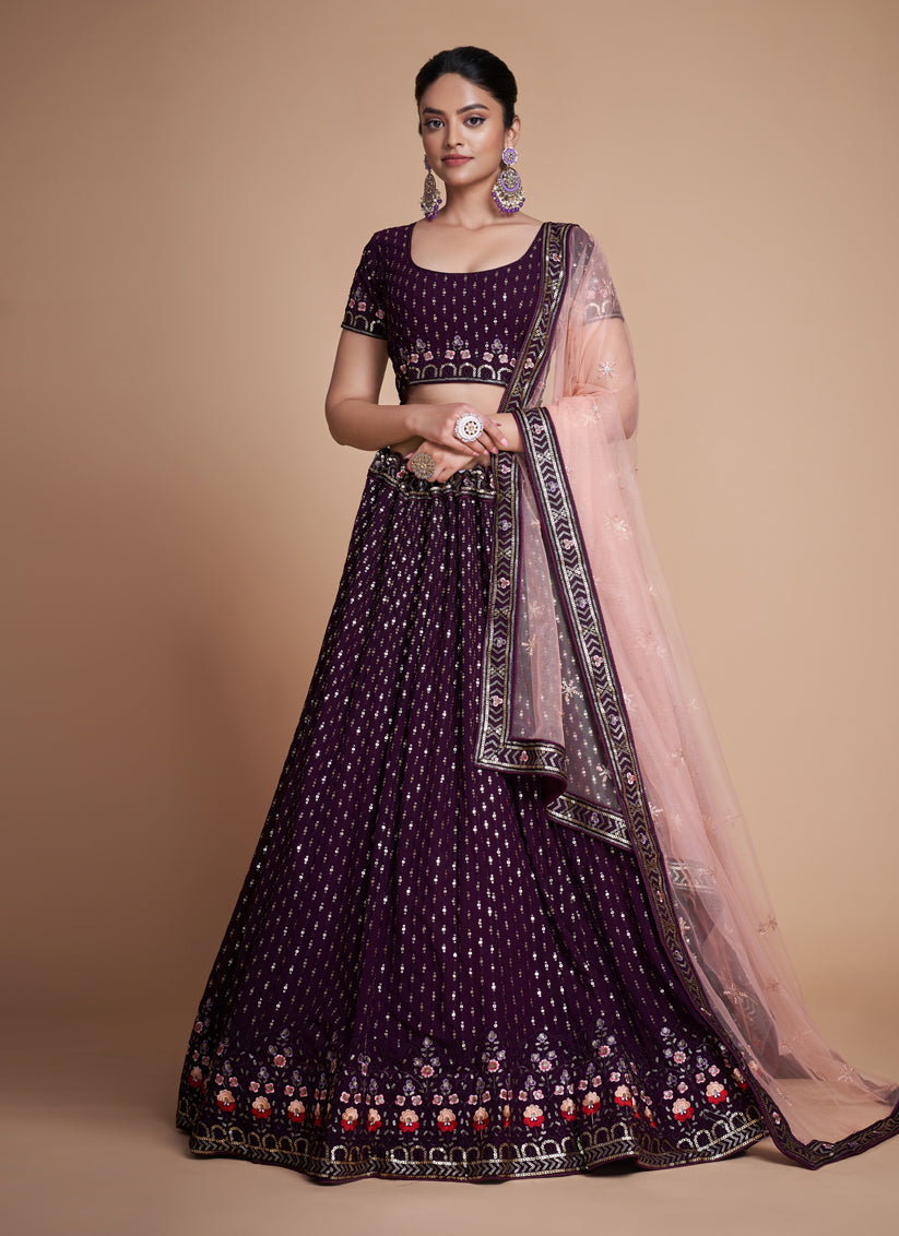 Wine Georgette Embroidered Lehenga Choli