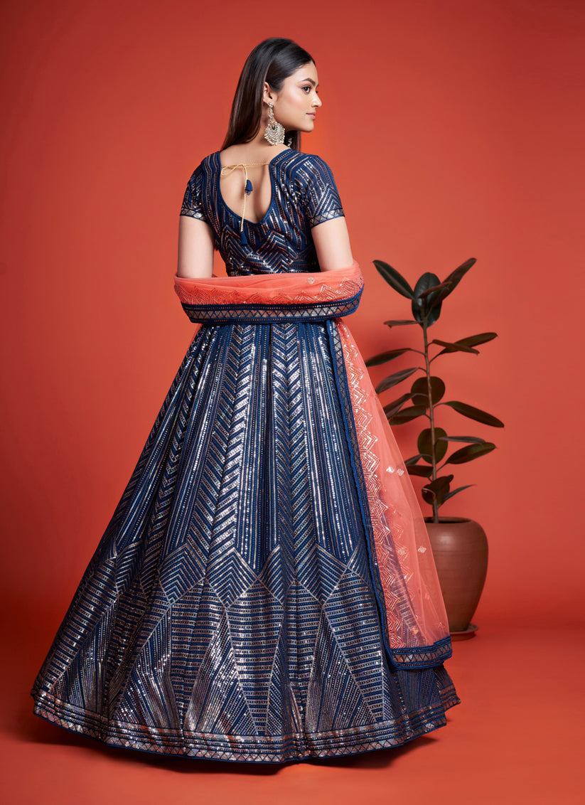 Navy Blue Georgette Embroidered Lehenga Choli