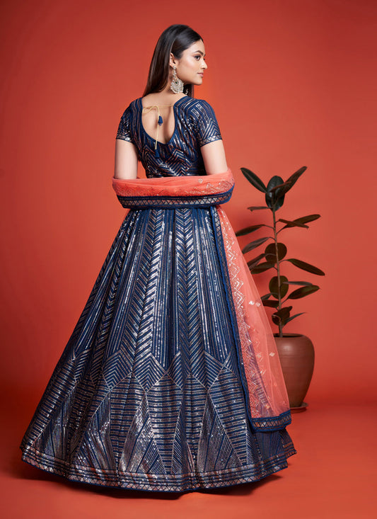 Navy Blue Georgette Embroidered Lehenga Choli