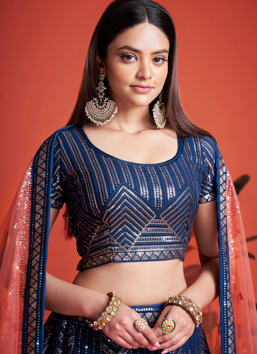 Navy Blue Georgette Embroidered Lehenga Choli