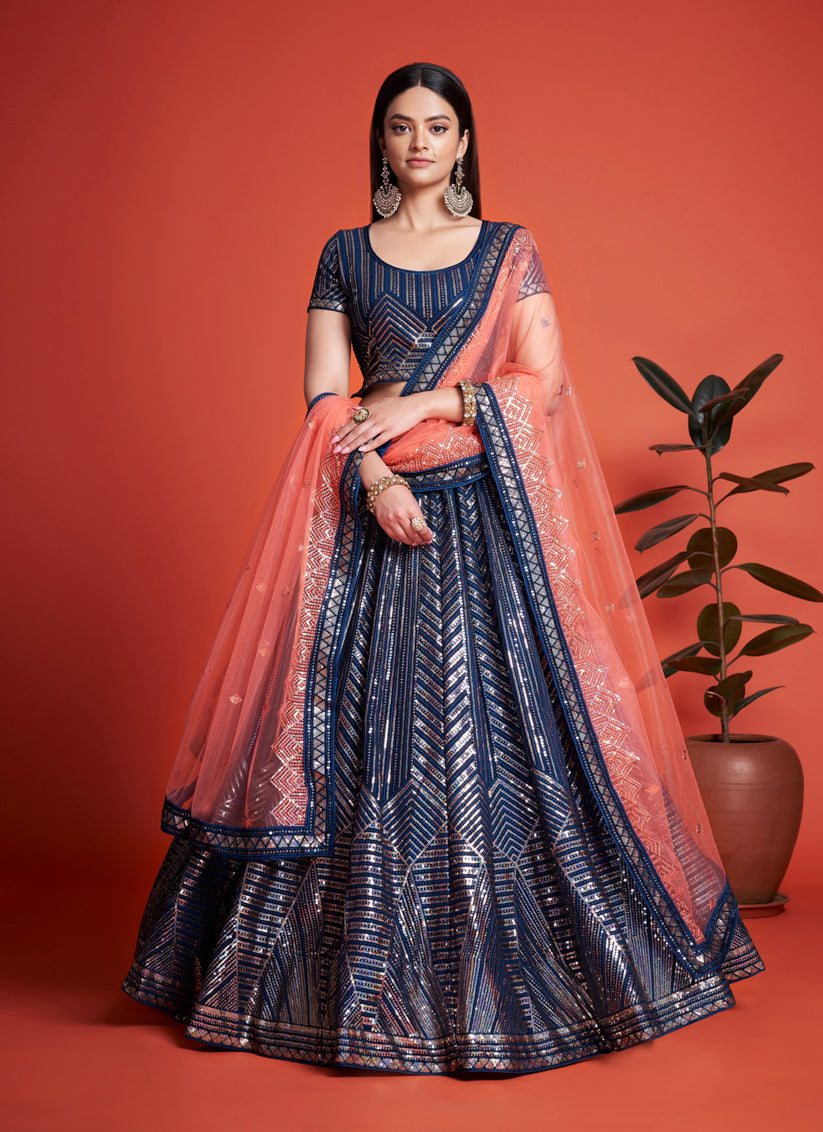 Navy Blue Georgette Embroidered Lehenga Choli