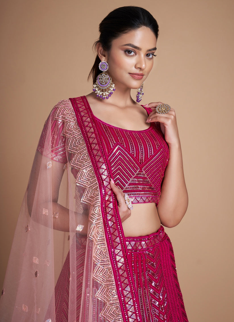 Raspberry Pink Georgette Embroidered Lehenga Choli