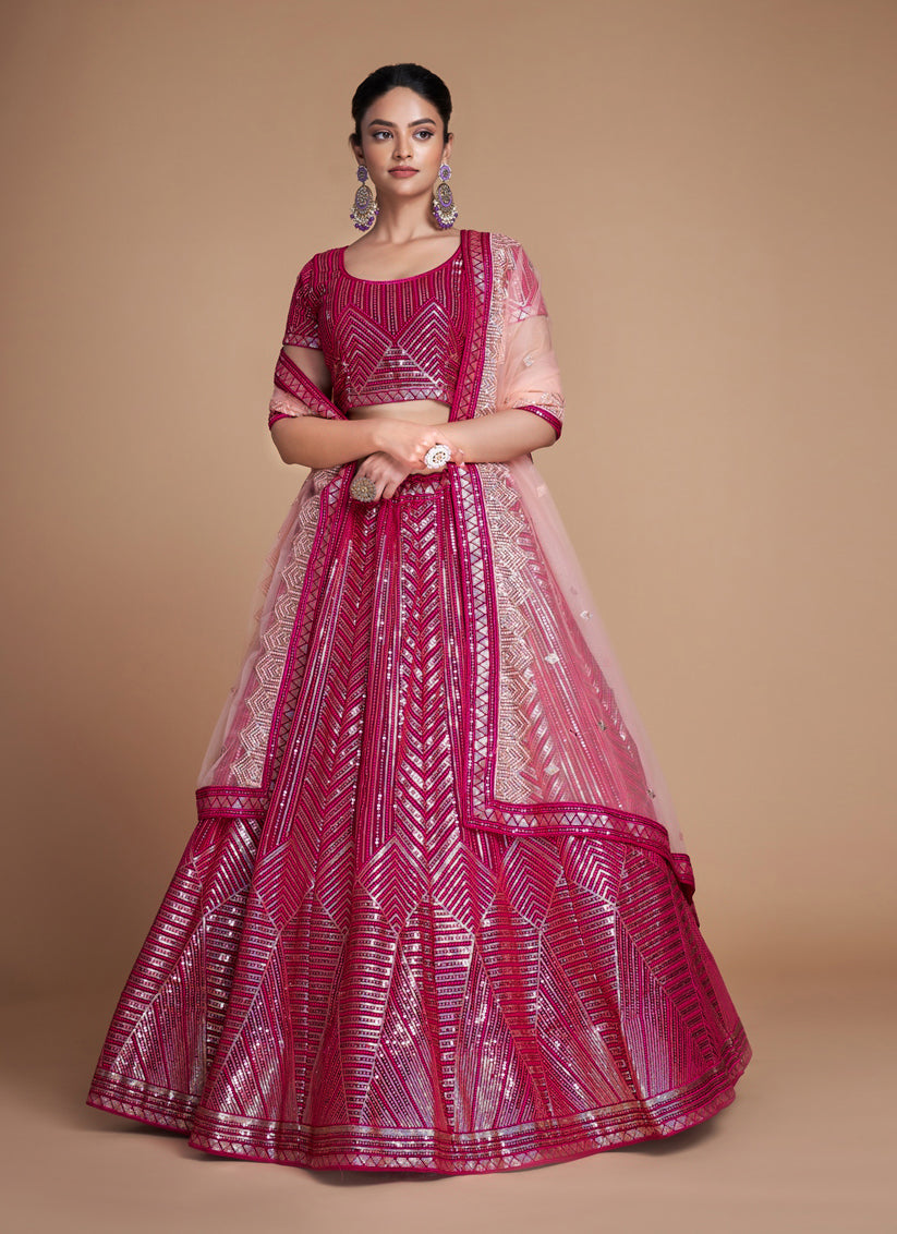 Raspberry Pink Georgette Embroidered Lehenga Choli