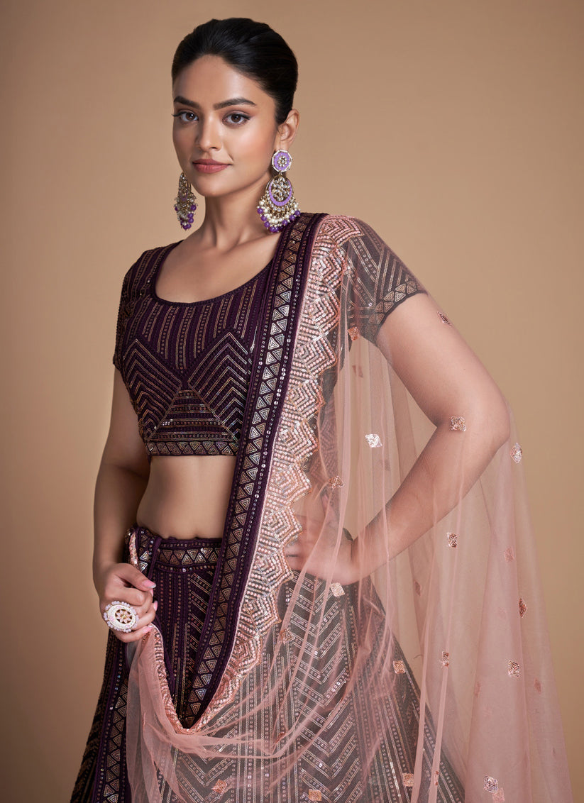Burgundy Georgette Embroidered Lehenga Choli