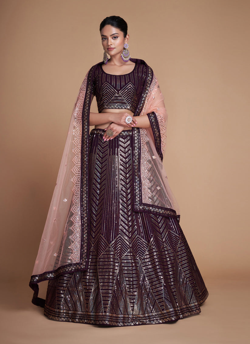 Burgundy Georgette Embroidered Lehenga Choli