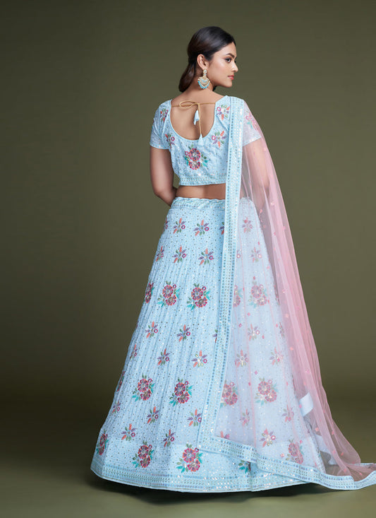 Breeze Blue Georgette Embroidered Lehenga Choli
