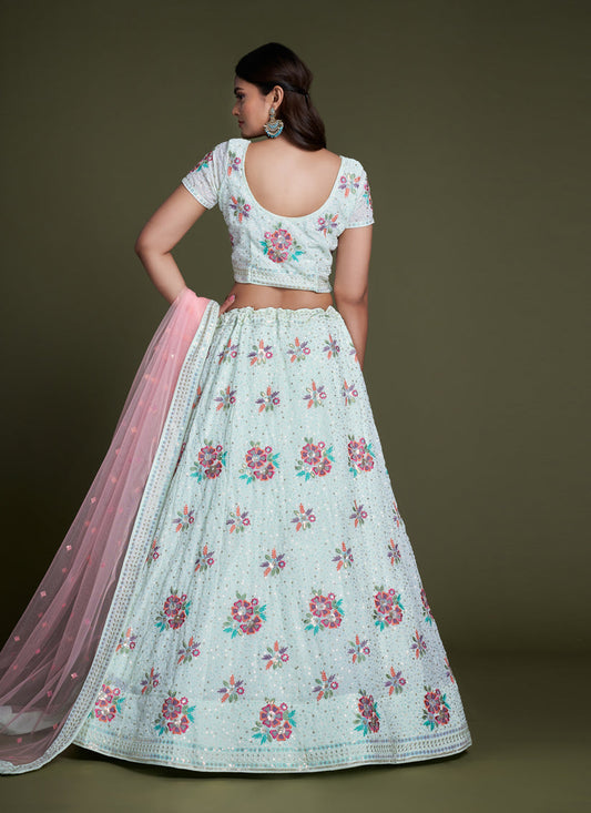 Ice Blue Georgette Embroidered Lehenga Choli