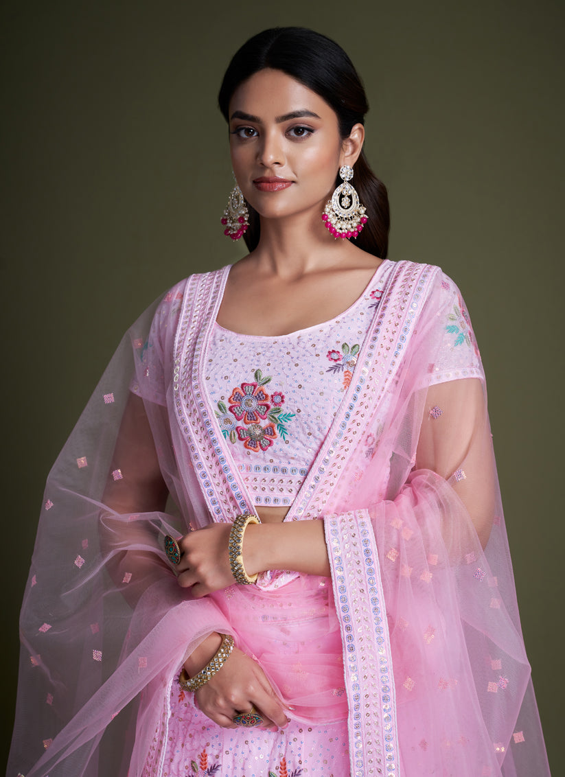 Baby Pink Georgette Embroidered Lehenga Choli
