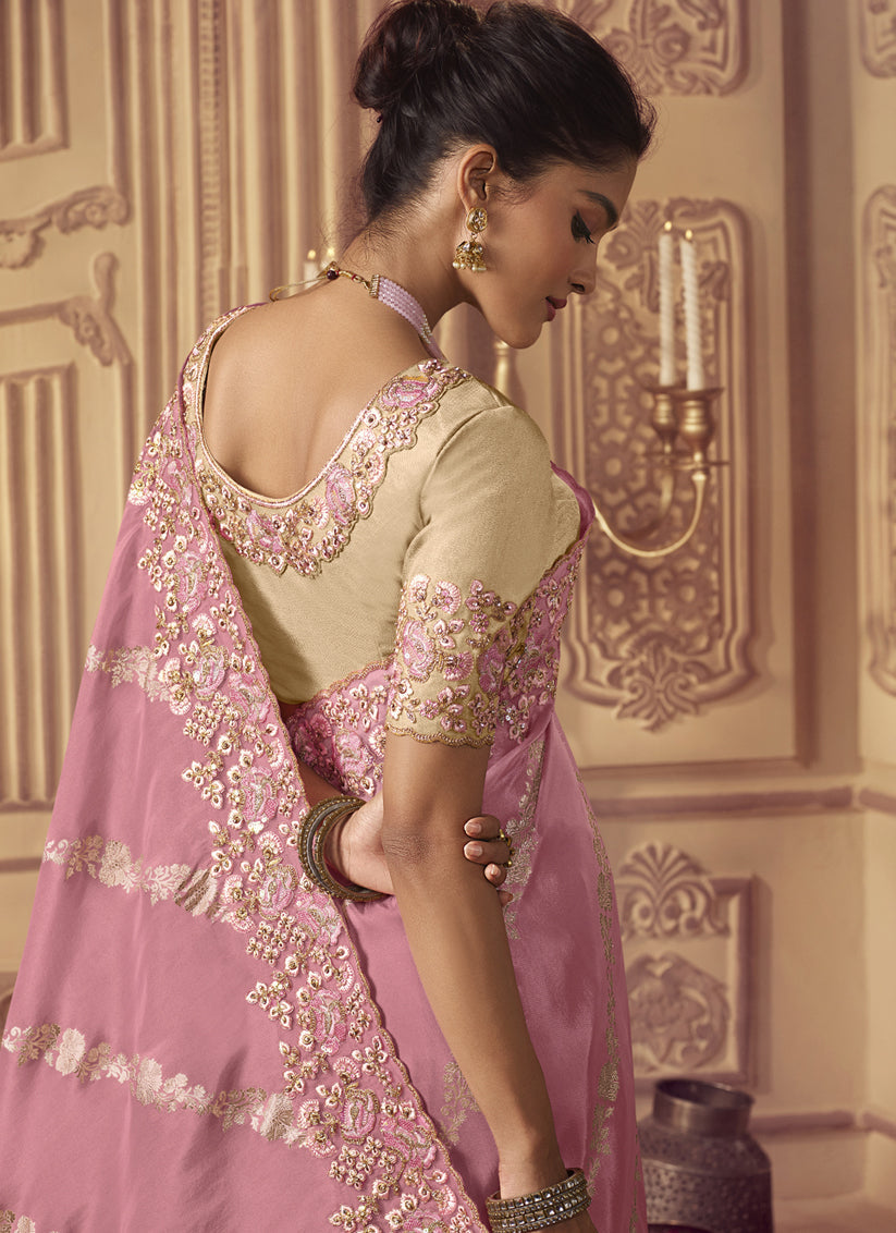Carnation Pink Smoked Viscose Embroidered Saree