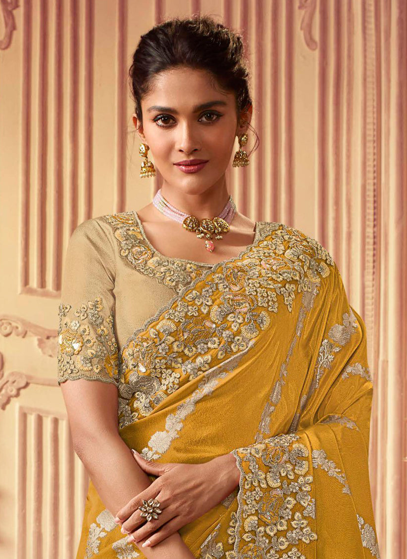 Mustard Smoked Viscose Embroidered Saree