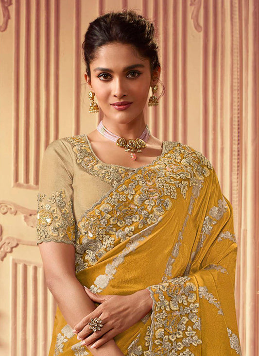 Mustard Smoked Viscose Embroidered Saree