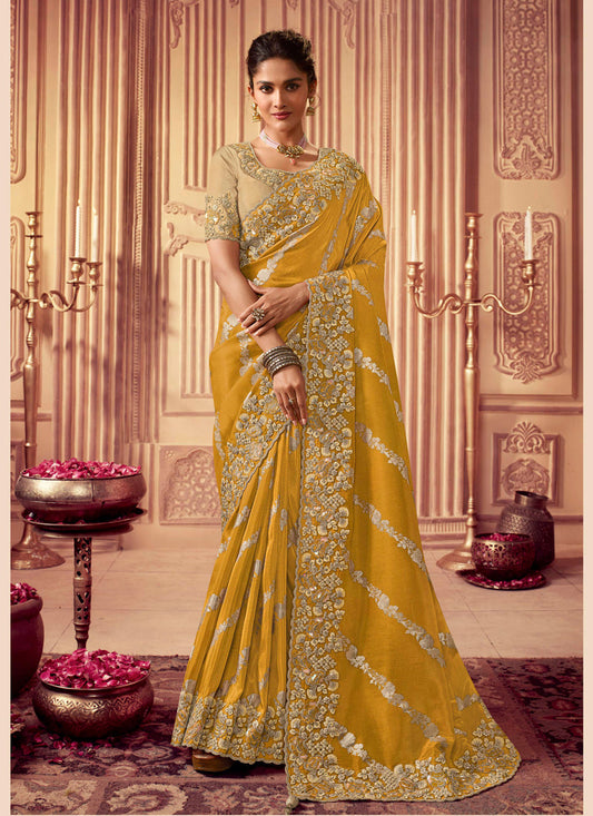 Mustard Smoked Viscose Embroidered Saree