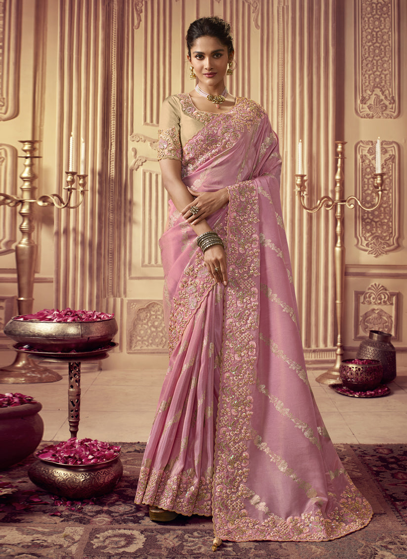 Carnation Pink Smoked Viscose Embroidered Saree