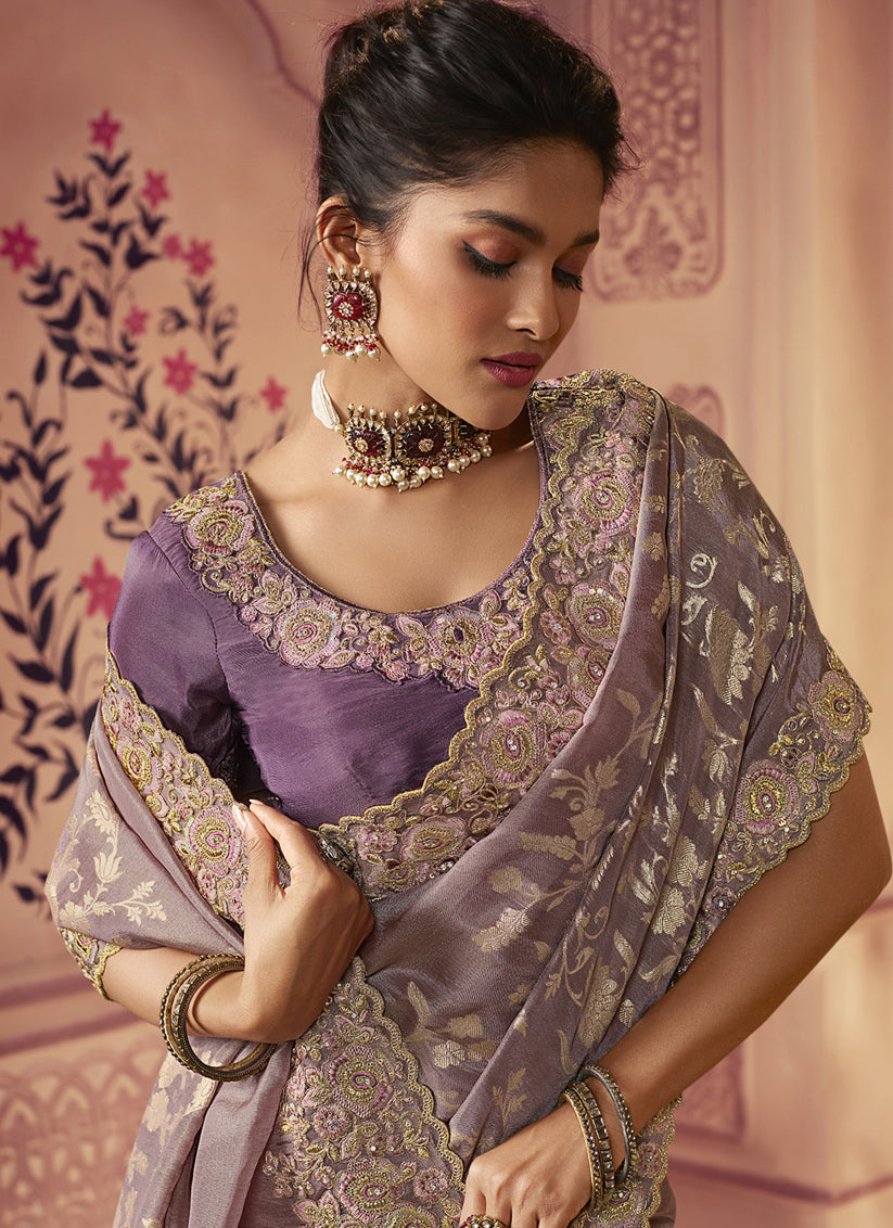 Mauve Smoked Viscose Embroidered Saree