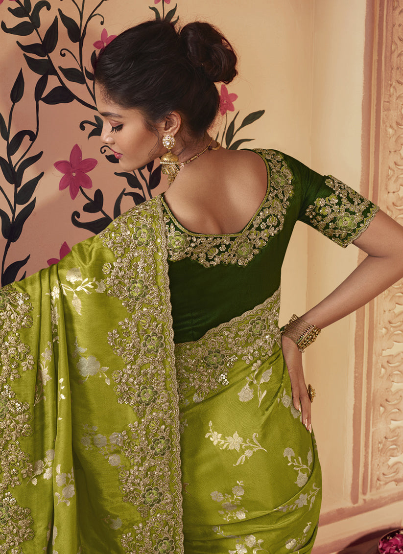Lime Green Smoked Viscose Embroidered Saree