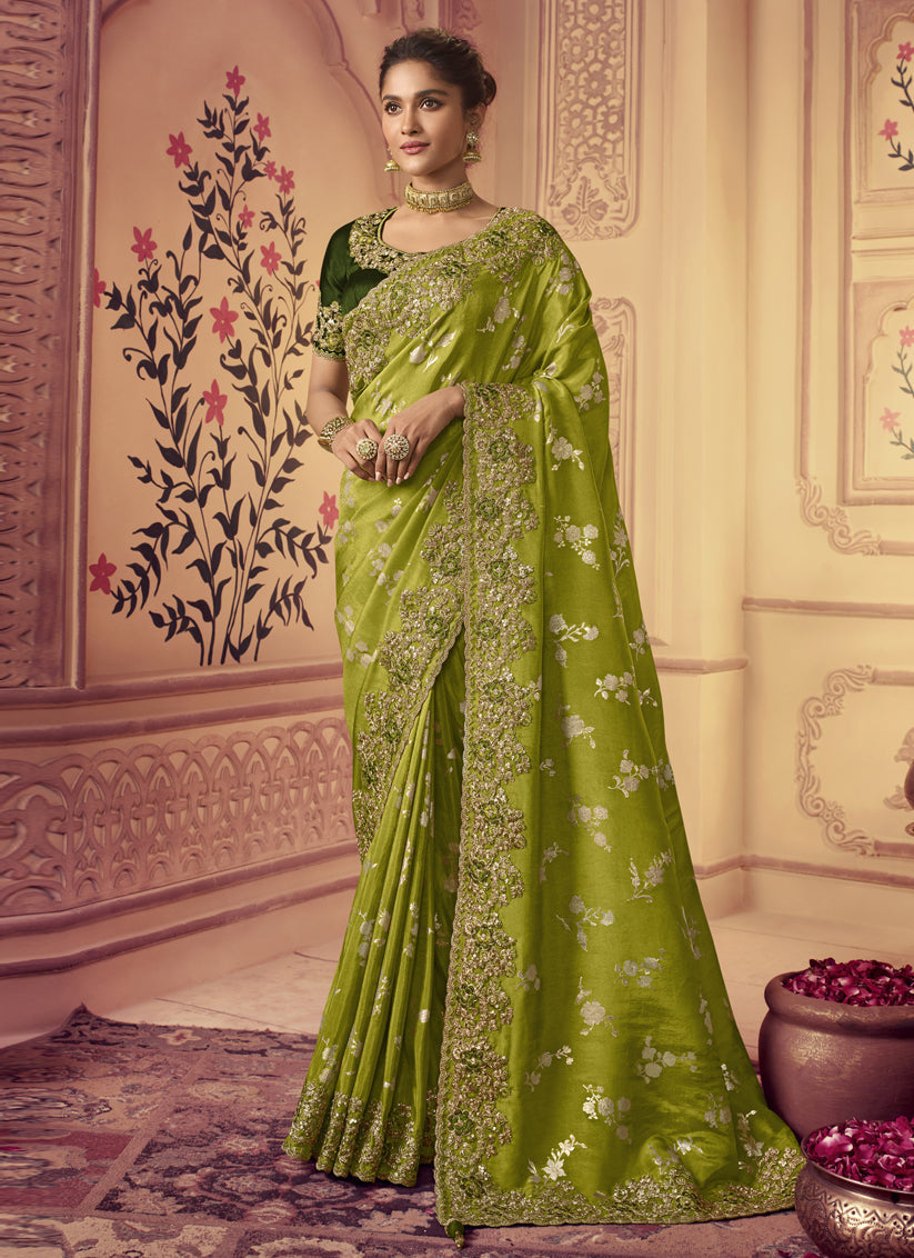 Lime Green Smoked Viscose Embroidered Saree