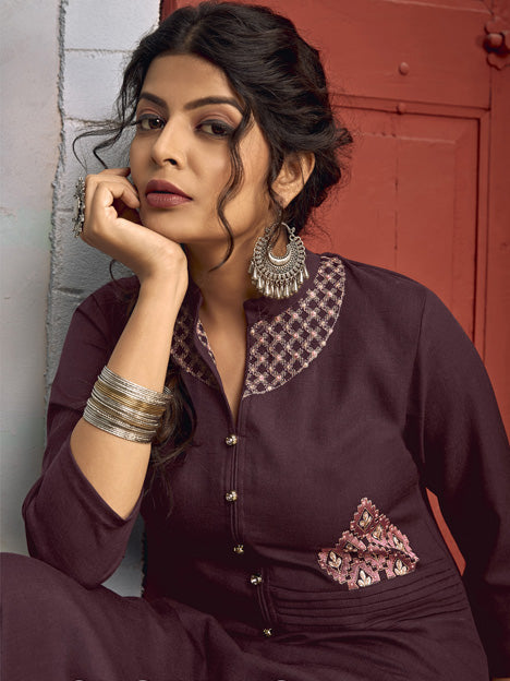 Burgundy Rayon Embroidered Kurti with Pant