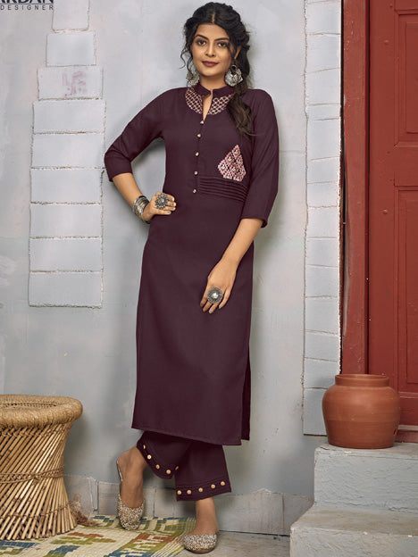 Burgundy Rayon Embroidered Kurti with Pant