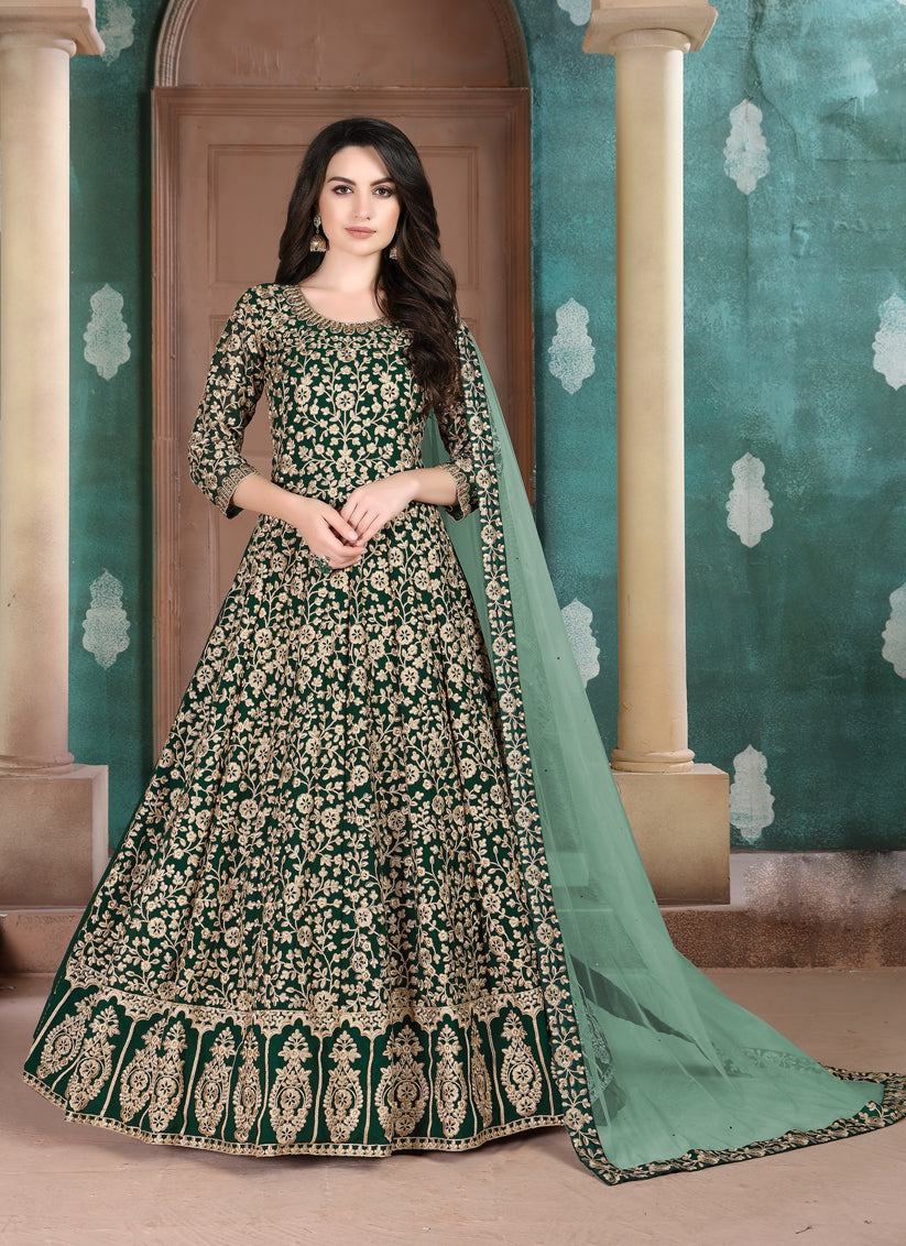 Spectacular Forest Green Faux Georgette Embroidered Floor Length Anarkali Suit