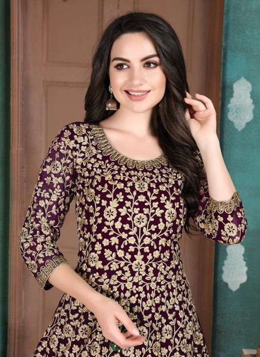 Marvelous Burgundy Faux Georgette Embroidered Floor Length Anarkali Suit