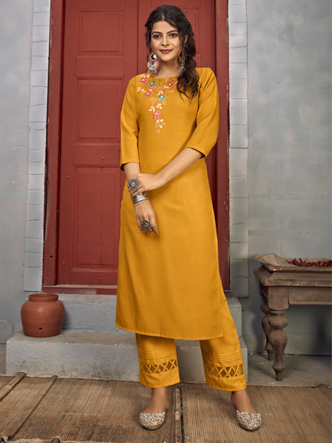 Mustard Yellow Rayon Embroidered Kurti with Pant