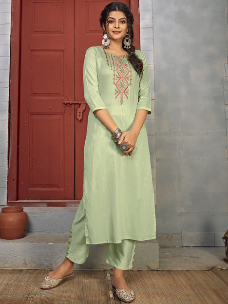 Pastel Green Rayon Embroidered Kurti with Pant
