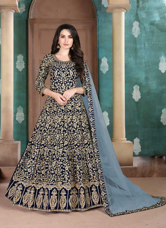 Ravishing Midnight Blue Faux Georgette Embroidered Floor Length Anarkali Suit