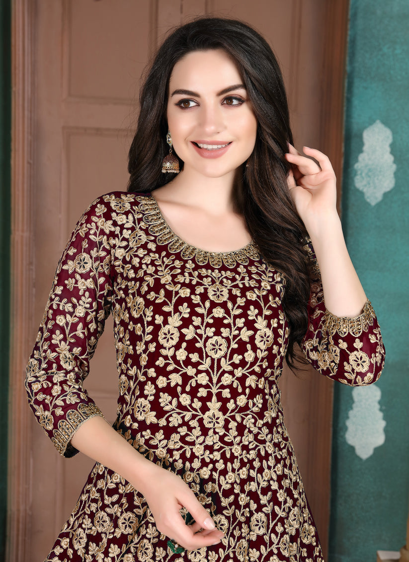 Sweet Maroon Faux Georgette Embroidered Floor Length Anarkali Suit