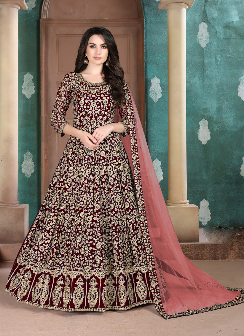 Sweet Maroon Faux Georgette Embroidered Floor Length Anarkali Suit