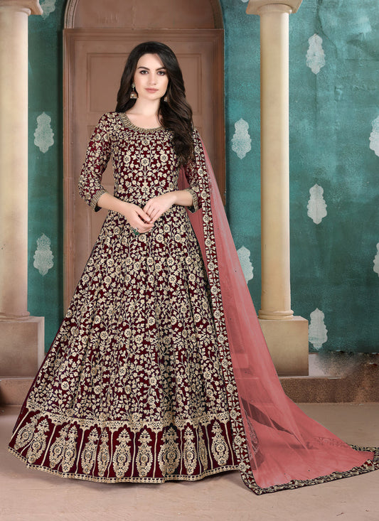 Sweet Maroon Faux Georgette Embroidered Floor Length Anarkali Suit