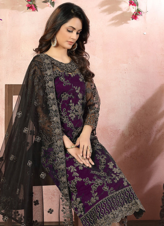 Sweet Eggplant Net Embroidered Designer Pant Kameez