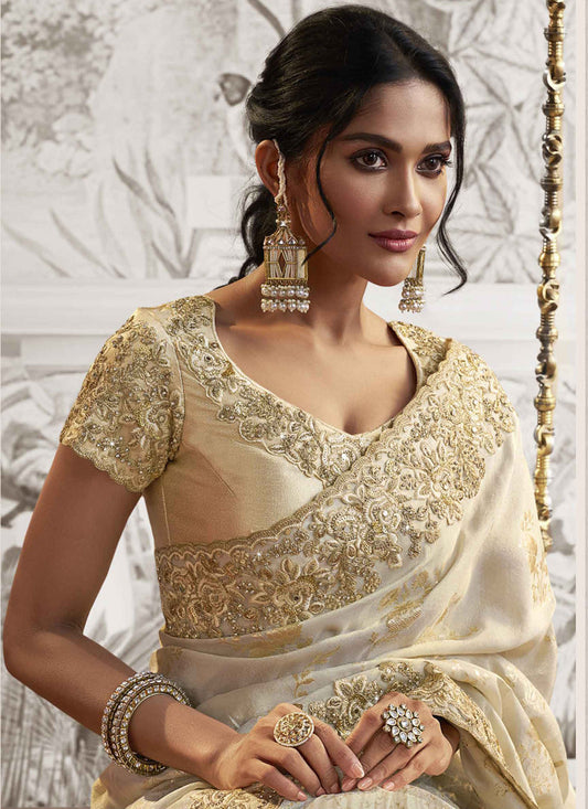Ivory Viscose Jacquard Embroidered Designer Saree