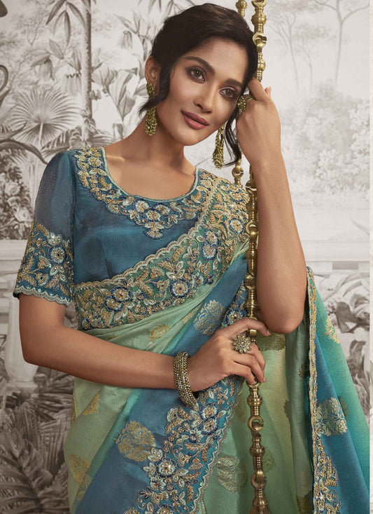 Mint and Teal Blue Viscose Jacquard Embroidered Designer Saree