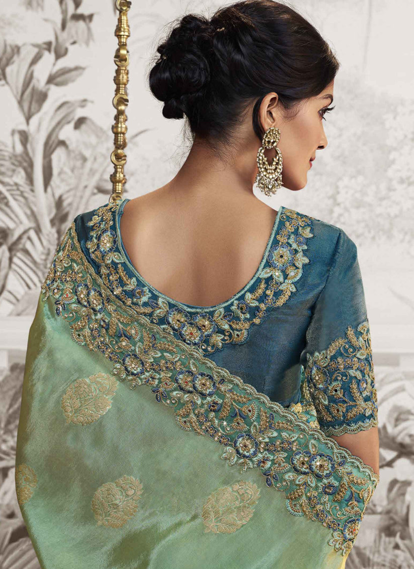 Mint and Teal Blue Viscose Jacquard Embroidered Designer Saree