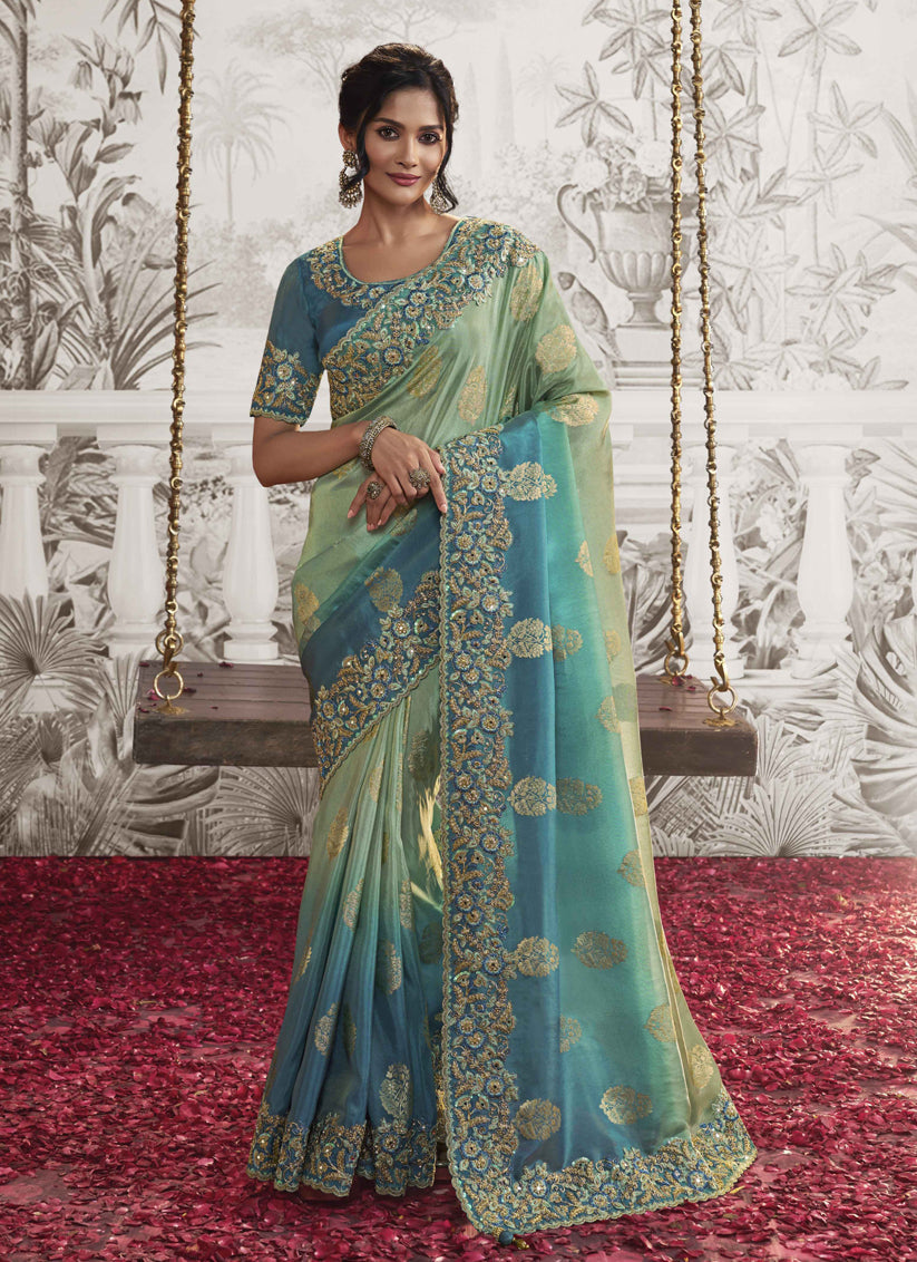 Mint and Teal Blue Viscose Jacquard Embroidered Designer Saree