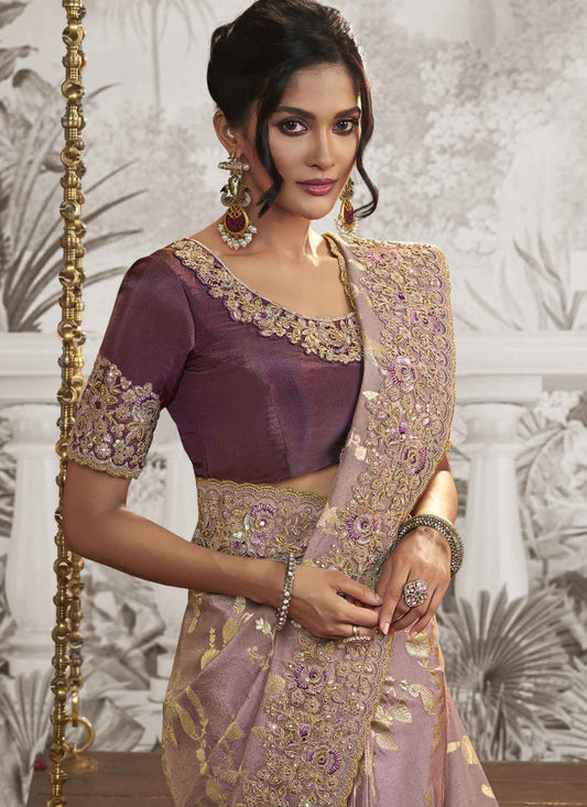 Dusty Lavender Viscose Jacquard Embroidered Designer Saree