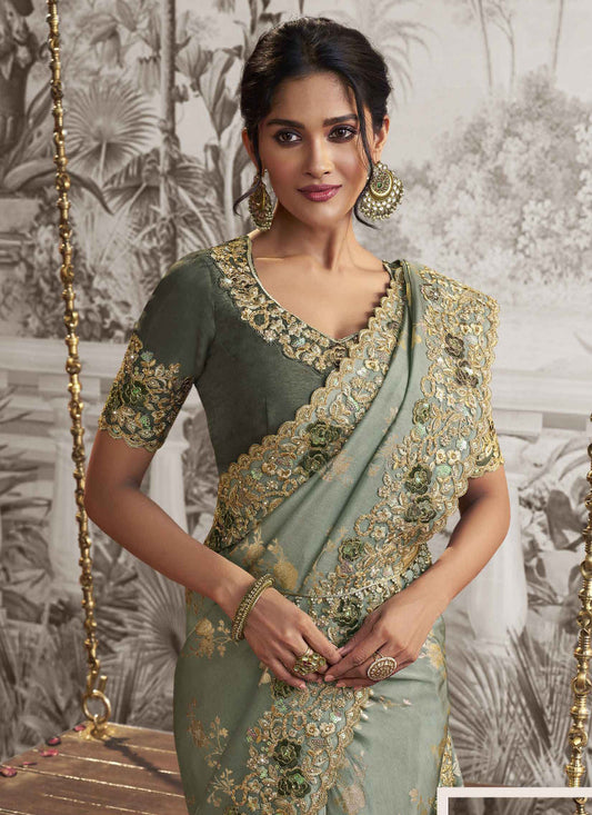 Mint Grey Viscose Jacquard Embroidered Designer Saree